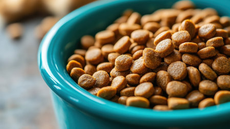 Pet food in turquoise bowl - healthy meal for pets. High quality photoの素材