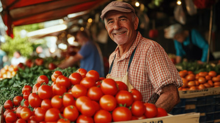 Smiling tomato seller at market. High quality photoの素材