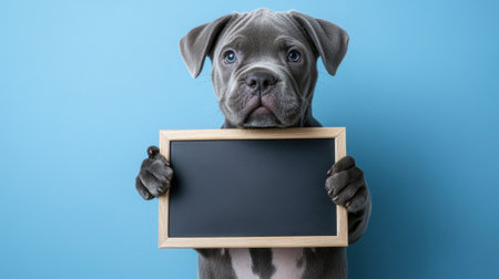 Cute puppy holding blank sign for text on blue background. High quality photoの素材