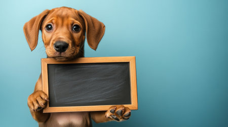 Cute puppy holding blank sign for text on blue background. High quality photoの素材