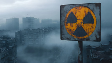Radiation sign against city background. High quality photoの素材