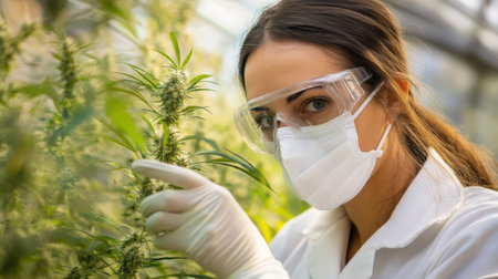 Portrait of scientist with mask, goggles and gloves studying plants and cannabis in greenhouse. High quality photoの素材