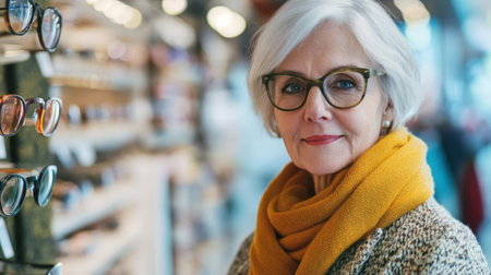 Happy elderly woman with reading glasses in optical store. High quality photoの素材