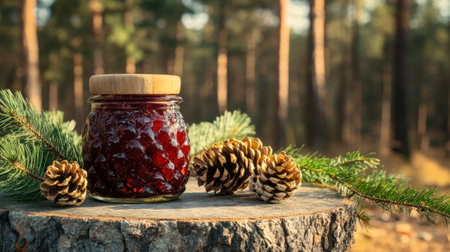 Pine cone jam on stone table with forest background. High quality photoの素材