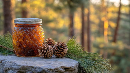 Pine cone jam on stone table with forest background. High quality photoの素材