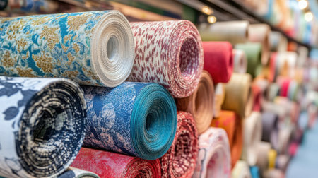 Rolls of various fabrics in fabric store. High quality photoの素材