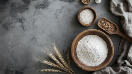 Wooden bowl with flour for bakery products - grain flour. High quality photoの素材