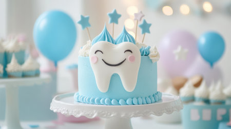 Smiling tooth-themed cake at fun birthday party. High quality photoの素材