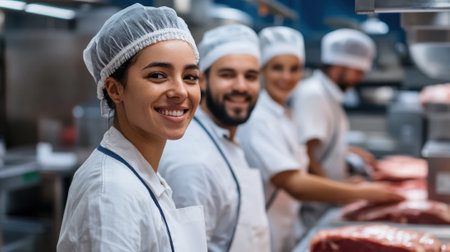 Smiling workers at clean organized meat processing plant. High quality photoの素材