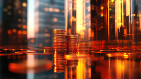Stacks of coins growing against blurred construction background. High quality photoの素材