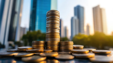 Stacks of coins growing against blurred construction background. High quality photoの素材