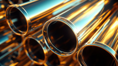 Shiny metal tubes reflecting sunlight stacked elegantly in warehouse/store. High quality photoの素材