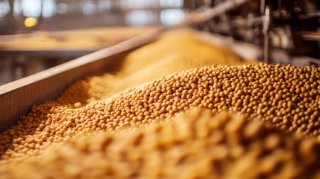 Soybeans in large containers at factory. High quality photoの素材