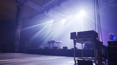 Stage lighting with spotlights being installed on aluminum concert stage. High quality photoの素材