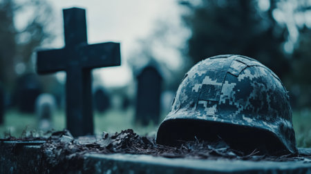 Soldier's helmet close-up against cemetery background. High quality photoの素材