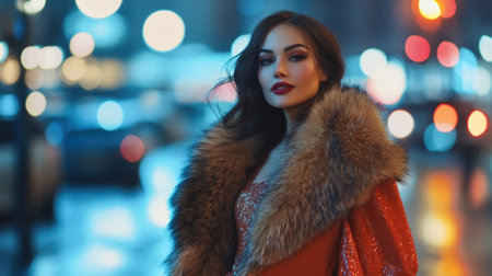 Striking confident woman in evening gown and glamorous fur coat. High quality photoの素材