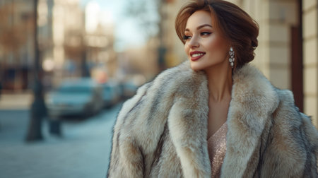 Striking confident woman in evening gown and glamorous fur coat. High quality photoの素材