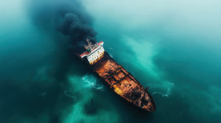 Ship burning and sinking in ocean. High quality photoの素材
