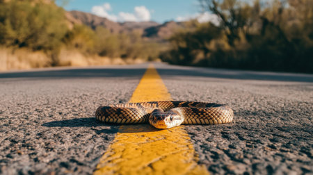 Snake slithering across highway road. High quality photoの素材