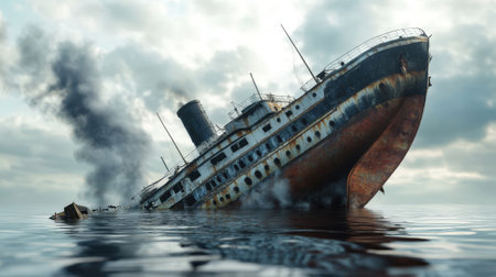 Ship burning and sinking in ocean. High quality photoの素材