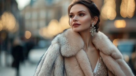 Striking confident woman in evening gown and glamorous fur coat. High quality photoの素材