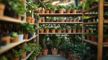Multiple potted houseplants displayed on shelf in plant store. High quality photoの素材