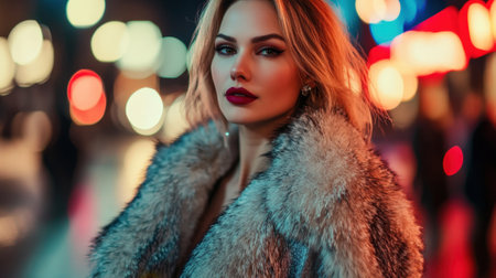 Striking confident woman in evening gown and glamorous fur coat. High quality photoの素材