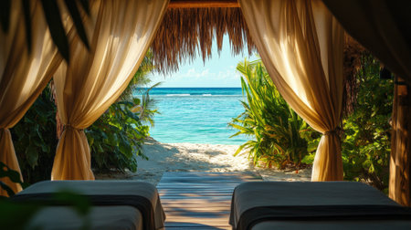 Spa salon on tropical beach with ocean view - massage beds. High quality photoの素材