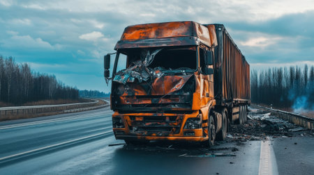 Severely damaged truck on highway after accident. High quality photoの素材