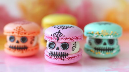 Pastel-colored macarons in sugar skull style for Halloween. High quality photoの素材