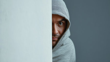 Man hiding behind white wall peeking from one side. High quality photoの素材