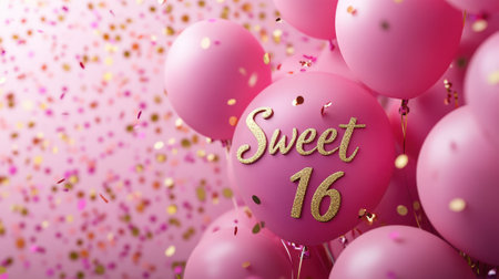 Sweet 16 text on pink balloons and confetti on festive background. High quality photoの素材