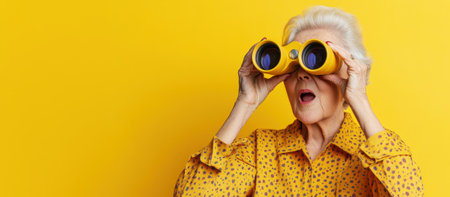 Surprised grandmother looking through binoculars on yellow background - banner with text space. High quality photoの素材