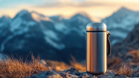 Thermos with tea against mountain background close-up - text space. High quality photoの素材