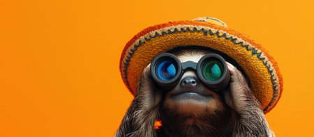 Surprised sloth in sombrero looking through binoculars on orange background - banner with copy space. High quality photoの素材