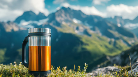 Thermos with tea against mountain background close-up - text space. High quality photoの素材