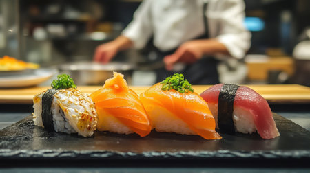 Sushi with fish on black board in restaurant with chef background. High quality photoの素材