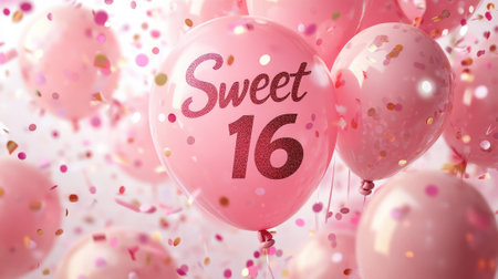 Sweet 16 text on pink balloons and confetti on festive background. High quality photoの素材