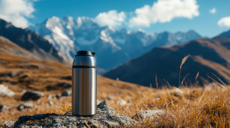 Thermos with tea against mountain background close-up - text space. High quality photoの素材
