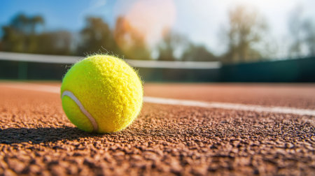 Tennis ball on court on sunny day - close-up with text space. High quality photoの素材