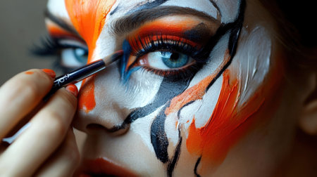 Talented makeup artist creating special art on woman's face - face painting. High quality photoの素材