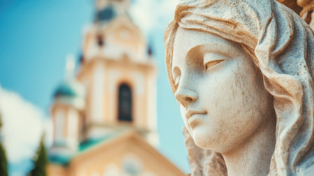 Stone statue of Virgin Mary against church background. High quality photoの素材