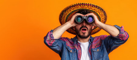 Surprised and happy man in sombrero looking through binoculars on orange background - banner with text space. High quality photoの素材