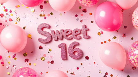 Sweet 16 text on pink balloons and confetti on festive background. High quality photoの素材
