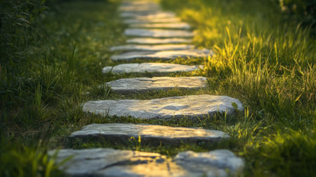 Stone path winding through lush grass. High quality photoの素材