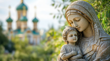 Stone statue of Virgin Mary against church background. High quality photoの素材
