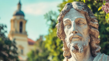 Stone statue of Jesus against church background close-up with copy space. High quality photoの素材