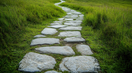 Stone path winding through lush grass. High quality photoの素材
