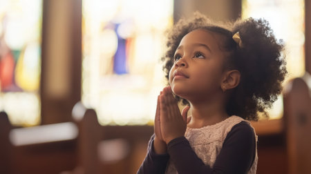 Young Girl Praying in Churchの素材
