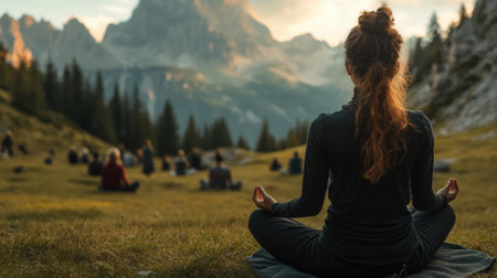 Woman Meditating in Nature with Mountain Backdrop. High quality photoの素材
